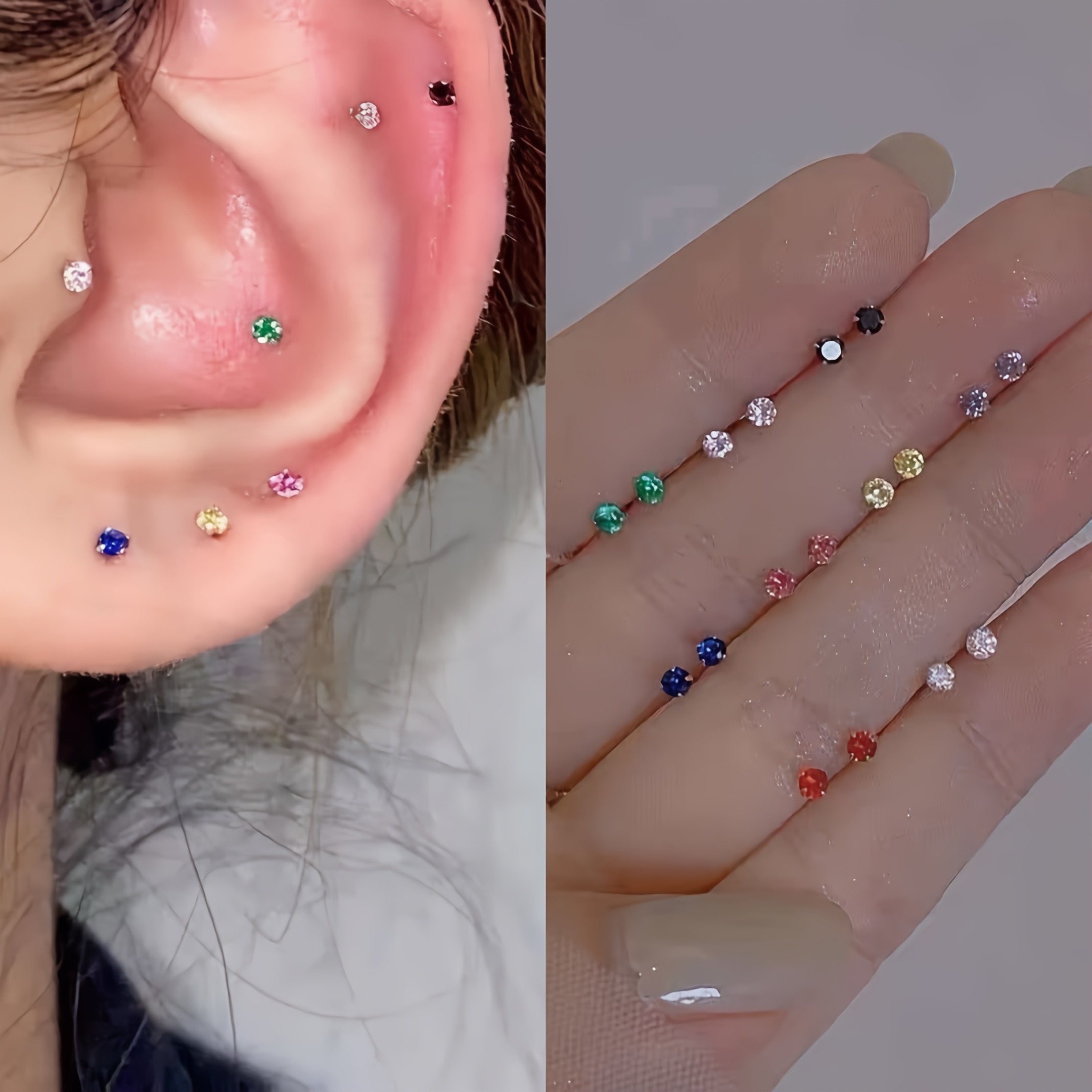 8pcs 6-Prong 3mm Colored Stud Earrings, Random Colors